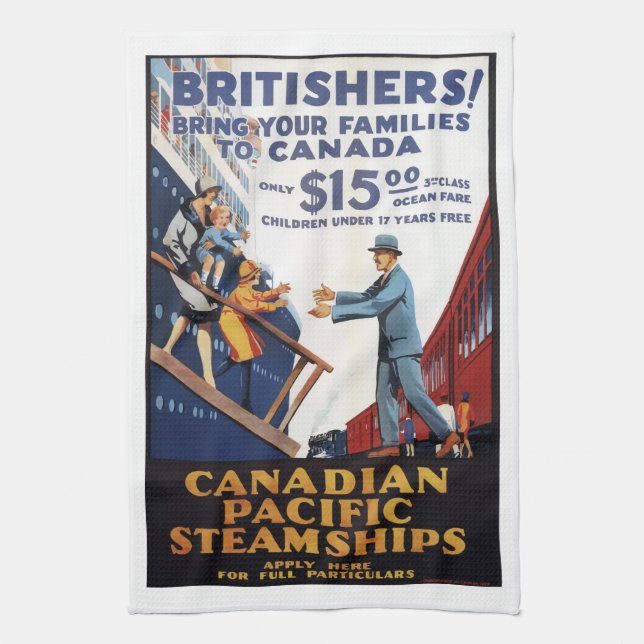 Retro Canada Britain steamships migration poster, Tea Towel (Vertical)