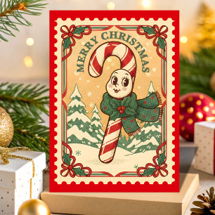 Retro Candy Cane Christmas Postage Stamp Holiday Card