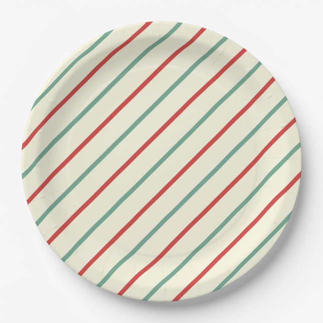 Retro Candy Cane Christmas Stripes Red Green Paper Plate (Front)