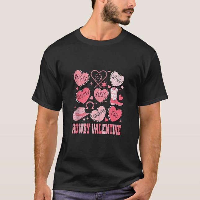 Retro Candy Heart Howdy Valentines Day Cowgirl Wes T-Shirt (Front)