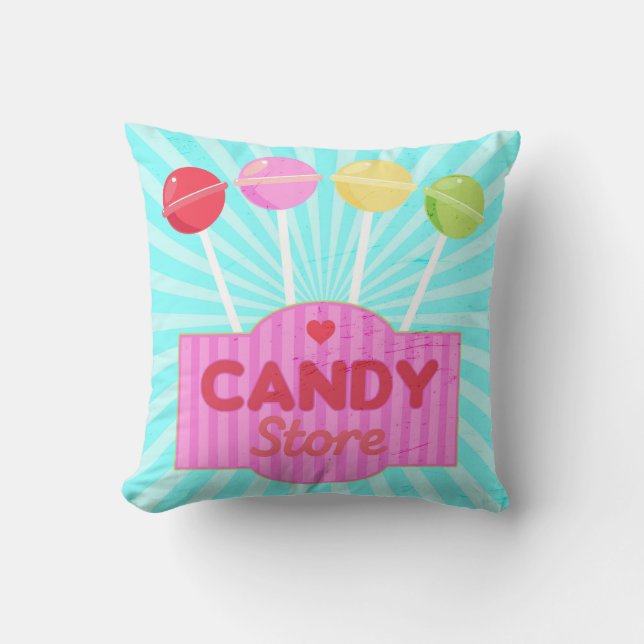 Retro Candy Store Pastel Lollipops on Stripes Cushion (Front)
