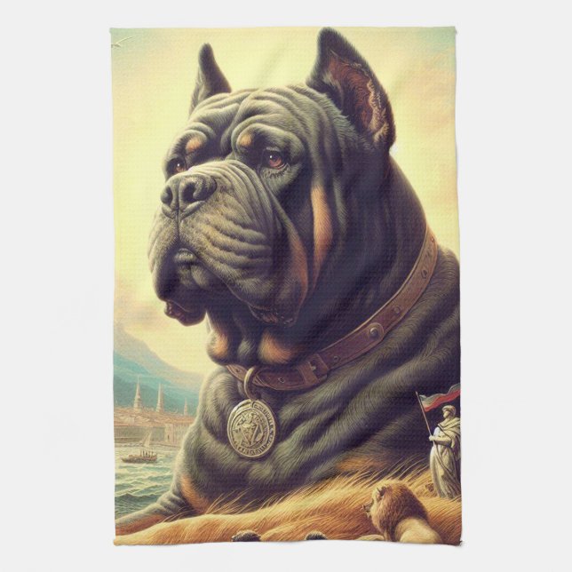 Retro Cane Corso Painting Tea Towel (Vertical)