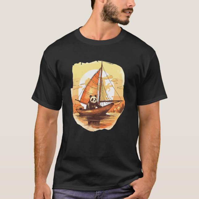 Retro Captain Panda Summer Sailing Boat T-Shirt (Front)