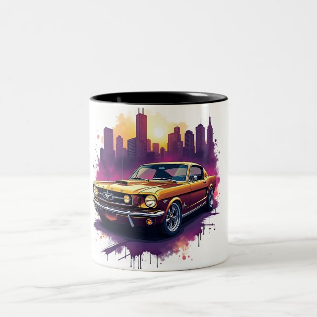 Retro Car and Cityscape Art Two-Tone Coffee Mug (Center)