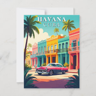 Retro Car and Colorful Colonial Buildings in Cuba Postcard