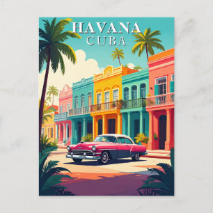 Retro Car and Colourful Colonial Buildings in Cuba Postcard