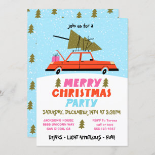 Retro Car and Tree Christmas Party Invitation