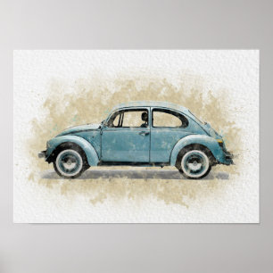 Retro Car Artwork - Blue Colour Poster