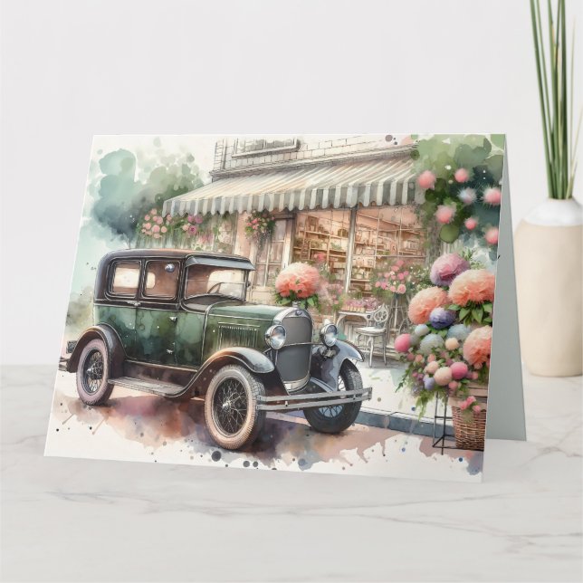 Retro Car & Blooming Boutique Scene Card (Front)