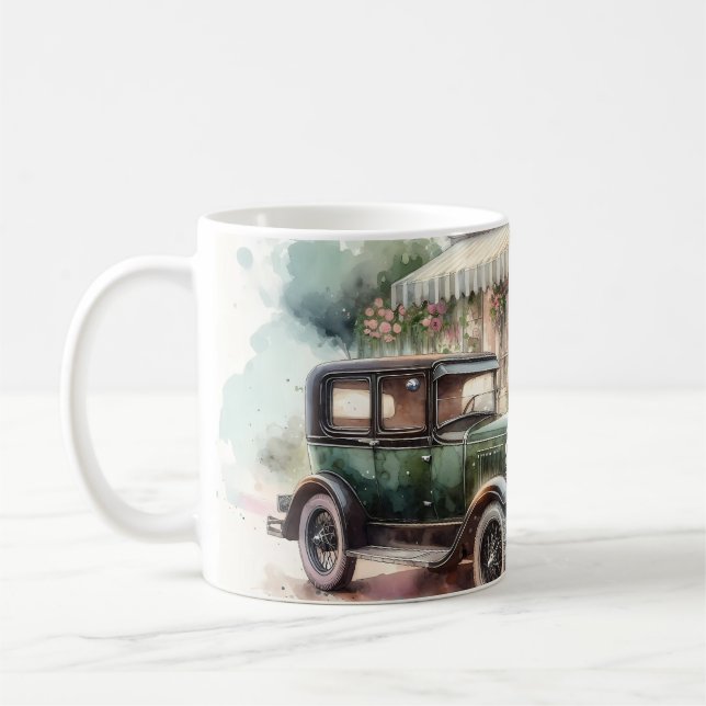 Retro Car & Blooming Boutique Scene Coffee Mug (Left)