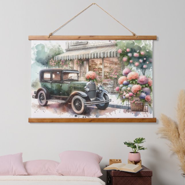 Retro Car & Blooming Boutique Scene Hanging Tapestry (Bedroom)
