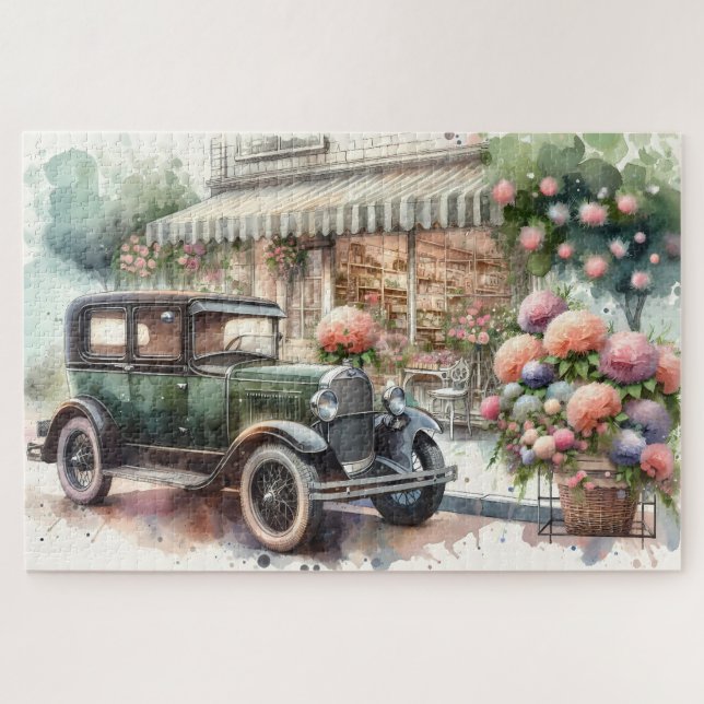 Retro Car & Blooming Boutique Scene Jigsaw Puzzle (Horizontal)