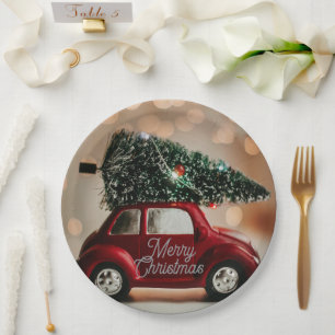 Retro Car Carrying Christmas Tree Paper Plates