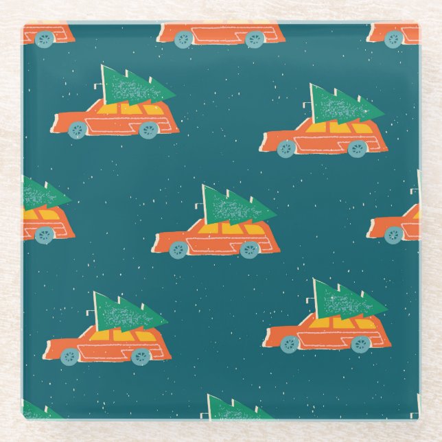 Retro Car Christmas Tree Pattern Glass Coaster (Front)