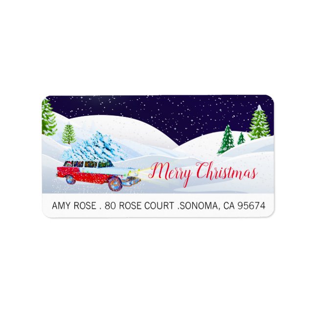 Retro Car Merry Christmas In Snow Label (Front)