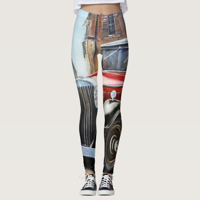 Retro Car Old City Painting Leggings (Front)