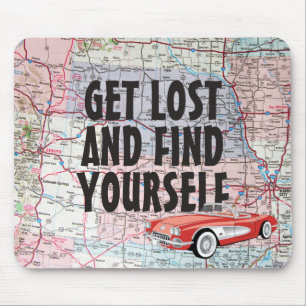 Retro Car on Road Map Mouse Pad