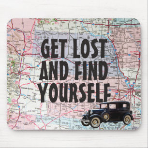 Retro Car on Road Map Mouse Pad