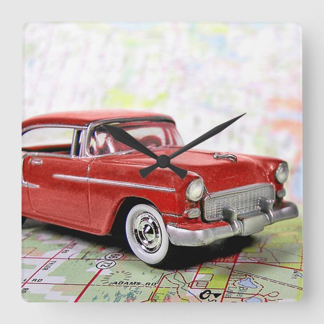 Retro Car On Road Map Square Wall Clock (Front)