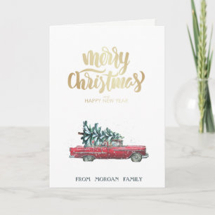 Retro Car, Pine Tree Christmas Holiday Card