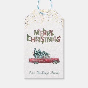 Retro Car, Pine Tree,Confetti,Merry Christmas   Gift Tags