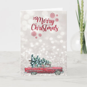 Retro Car Pine Tree,Glittery Bokeh Holiday Card