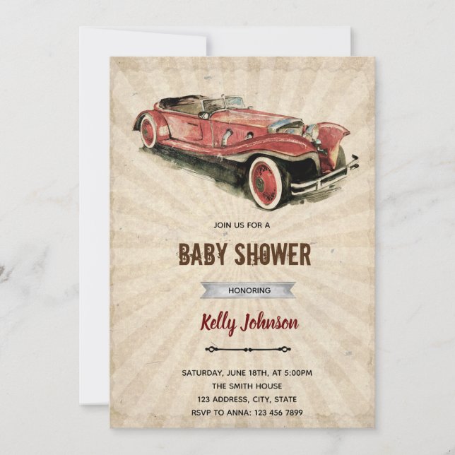 Retro car shower birthday invitation (Front)