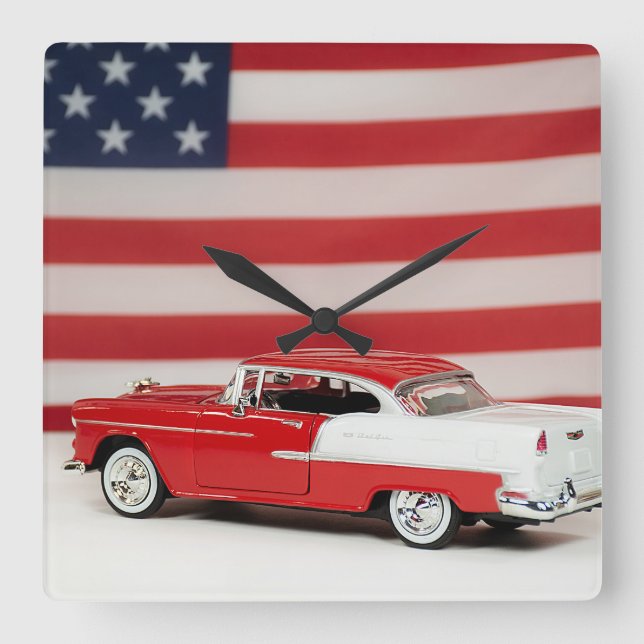 Retro Car With American Flag Square Wall Clock (Front)