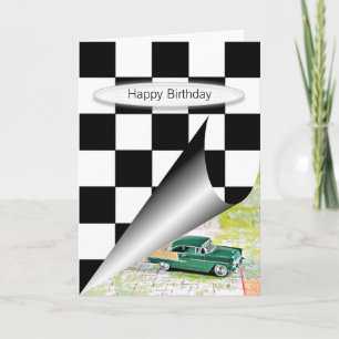 retro car with checkered flag curl card