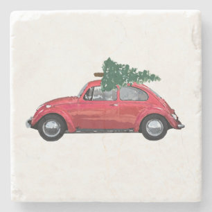 Retro Car with Tree Art Stone Coaster