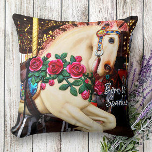 Retro Carousel Horse Photo Born to Sparkle Script Cushion