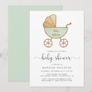 Retro Carriage Mint Gold Baby Shower Invitation