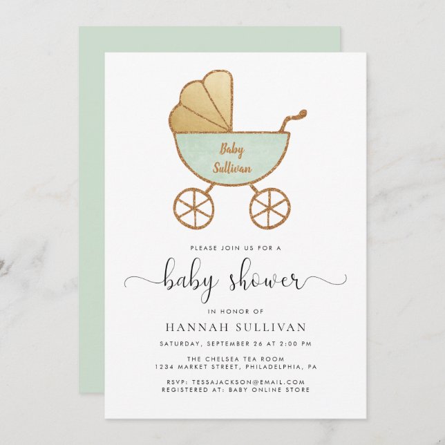 Retro Carriage Mint Gold Baby Shower Invitation (Front/Back)