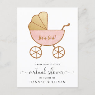Retro Carriage Pink Gold Virtual Baby Girl Shower Invitation Postcard