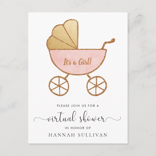 Retro Carriage Pink Gold Virtual Baby Girl Shower Invitation Postcard (Front)