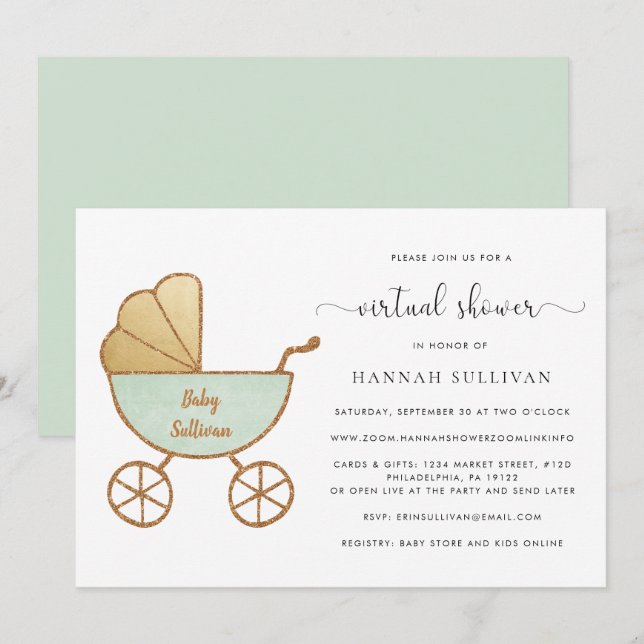 Retro Carriage Watercolor Mint Virtual Baby Shower Invitation (Front/Back)
