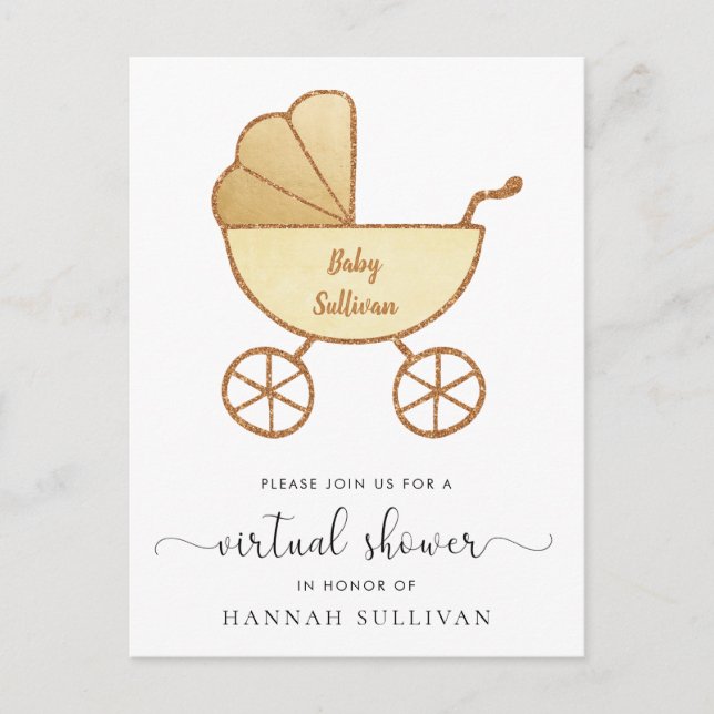 Retro Carriage Yellow Gold Virtual Baby Shower Invitation Postcard (Front)
