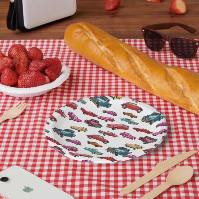  Retro Cars And Trucks Pattern  Paper Plate (Picnic)