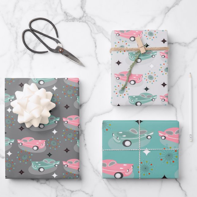 Retro Cars Atomic Starburst Modern Mid Centur Wrapping Paper Sheet (Front)