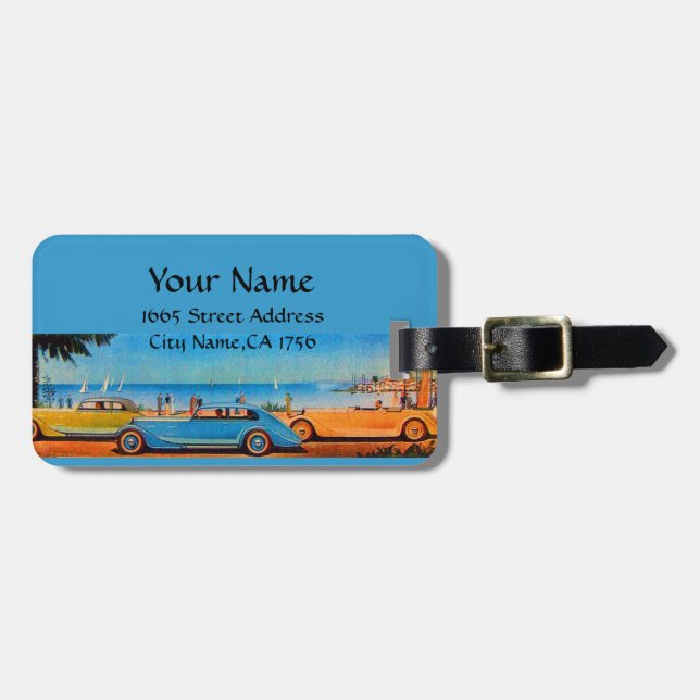 RETRO CARS , blue yellow orange Luggage Tag (Front Horizontal)