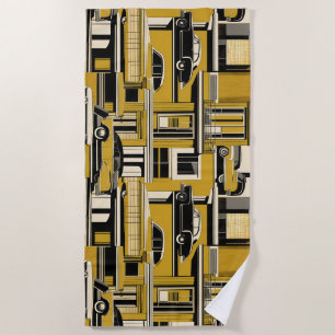 Retro Cars Geometric Mustard Mid Century Beach Towel