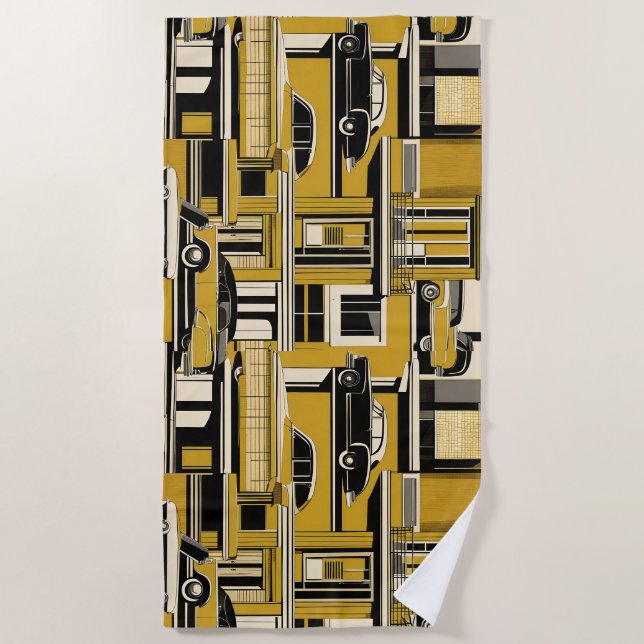 Retro Cars Geometric Mustard Mid Century  Beach Towel (Front)