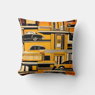 Retro Cars Geometric Mustard Mid Century Cushion