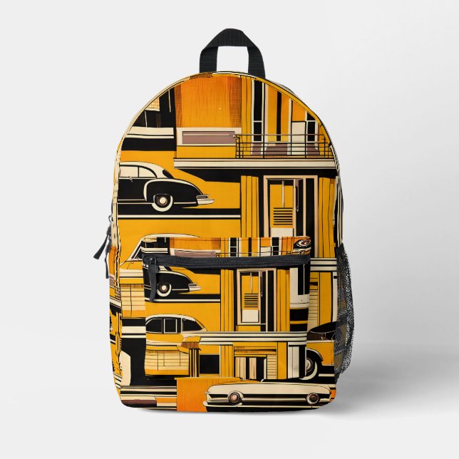 Retro Cars Geometric Mustard Mid Century  Printed Backpack (Front)