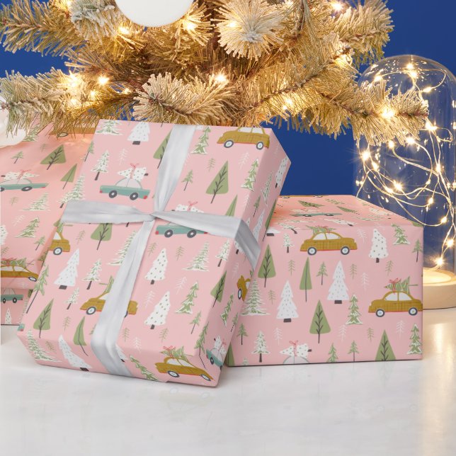 Retro Cars Pink Christmas Woodland Trees forest Wrapping Paper (Holidays)