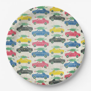 Retro Cars with Christmas Trees on Top Paper Plate