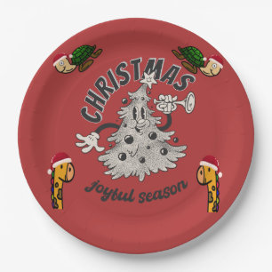 Retro Cartoon Christmas Joyful Season Paper Plate