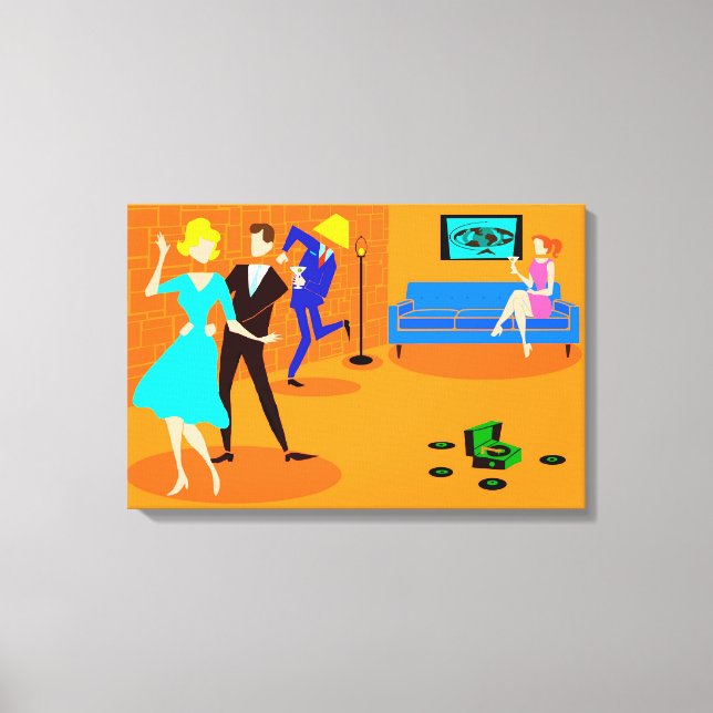 Retro Cartoon Cocktail Party Stretched Canvas Print (Front)