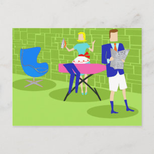Retro Cartoon Couple at Home Postcard