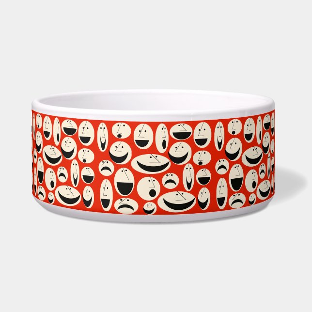 Retro Cartoon Faces Pattern Ceramic Pet Bowl (Front)
